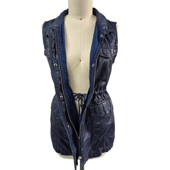 Banana Republic Navy Coated Denim Drawstring Pocket Utility Vest Women’s M - Picture 2 of 5